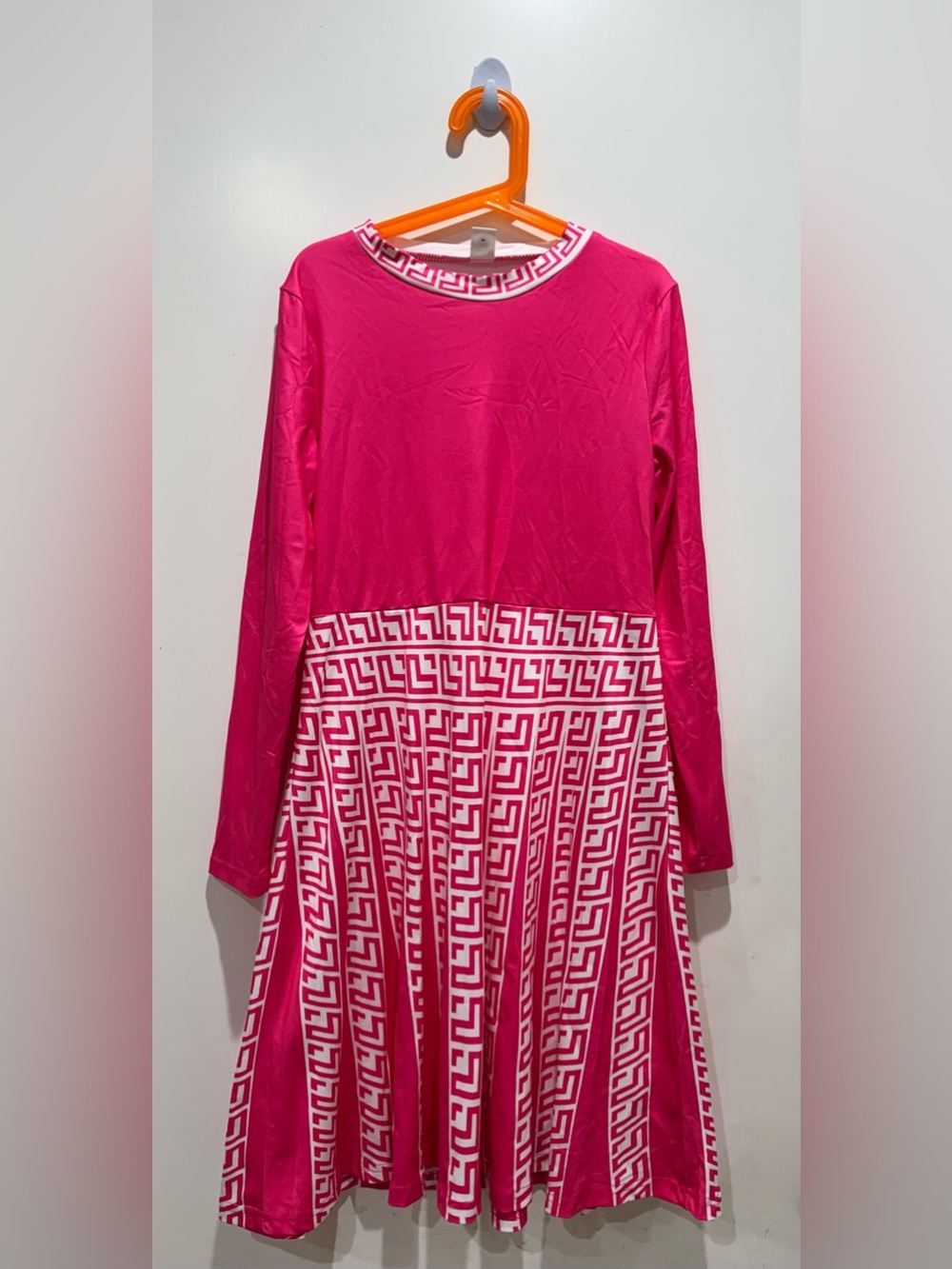 Shein-Fuchsia Pink Long Sleeve Patterned Midi Dress